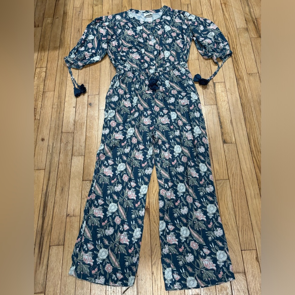 Anthropologie | Women's dRA Blue Floral Pattern Long Sleeve Jumpsuit size medium